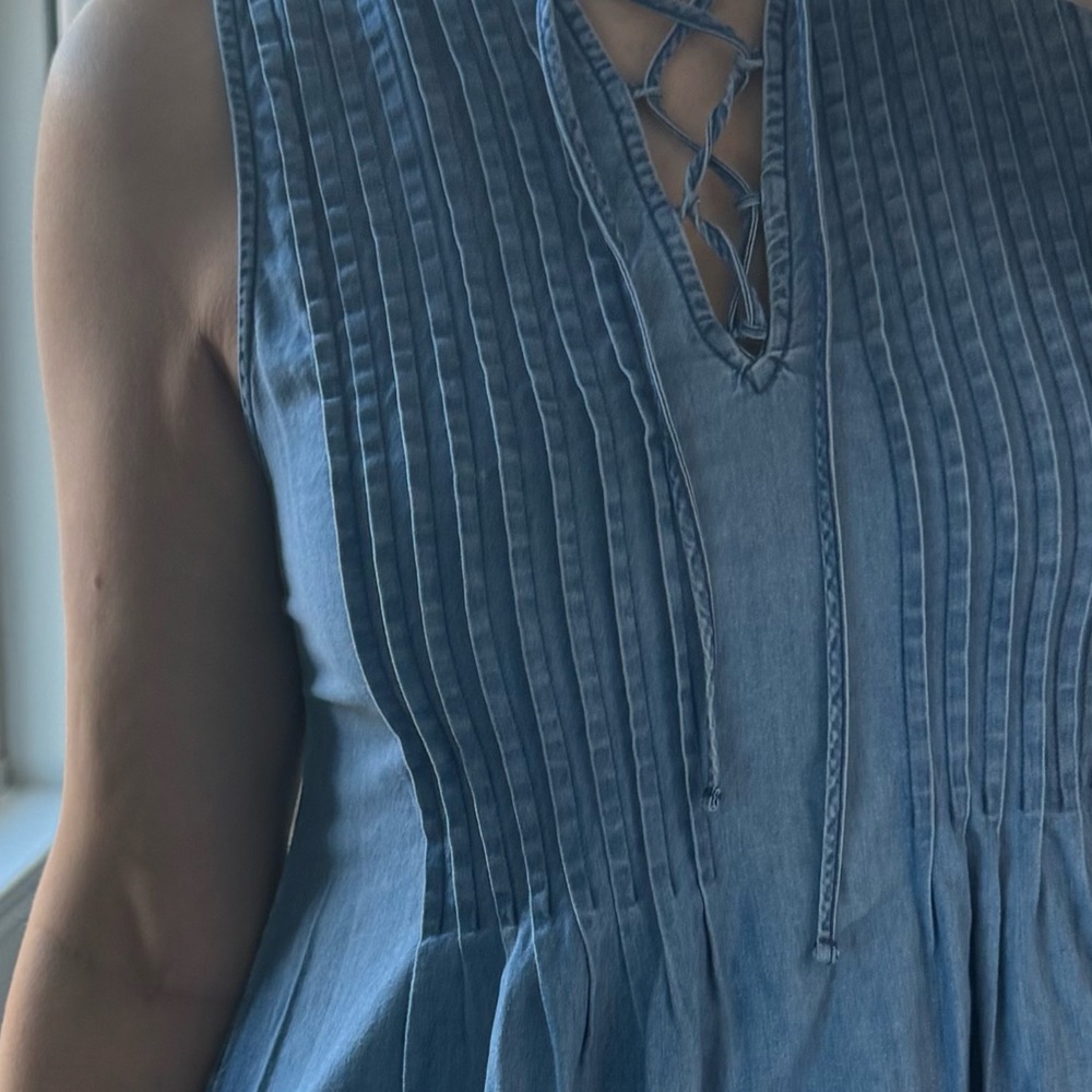 Precious Pleated Blue Jean Chambray Sleeveless Denim Dress - Picture 13 of 15
